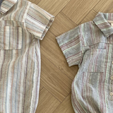 Zwei gestreifte Aurora-Bodys von Bebe Holic, einer überwiegend beige und einer überwiegend grau, liegen auf einem hellen Holzboden. Daneben liegen Babyschuhe und passende Hüte in Marine mit Schnüren. Die Outfits haben kurze Ärmel und Vordertaschen.